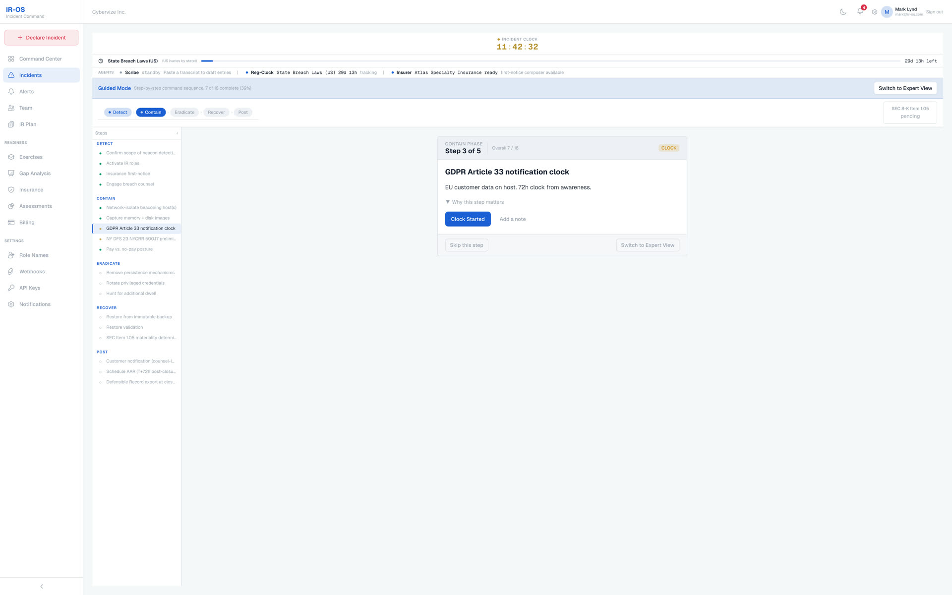 IR-OS active ransomware incident with guided steps and regulatory clocks