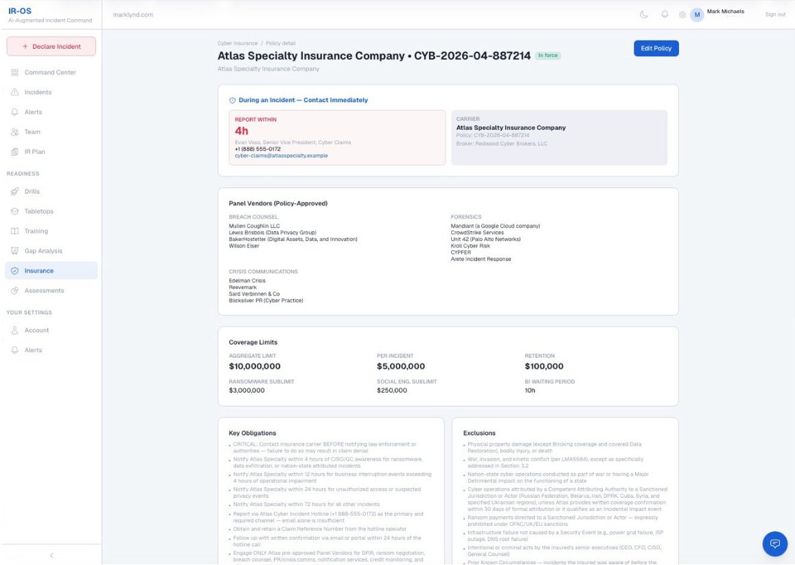 IR-OS Cyber Insurance policy detail showing carrier, reporting deadline, panel vendors, coverage limits, obligations, and exclusions ready for use during an incident