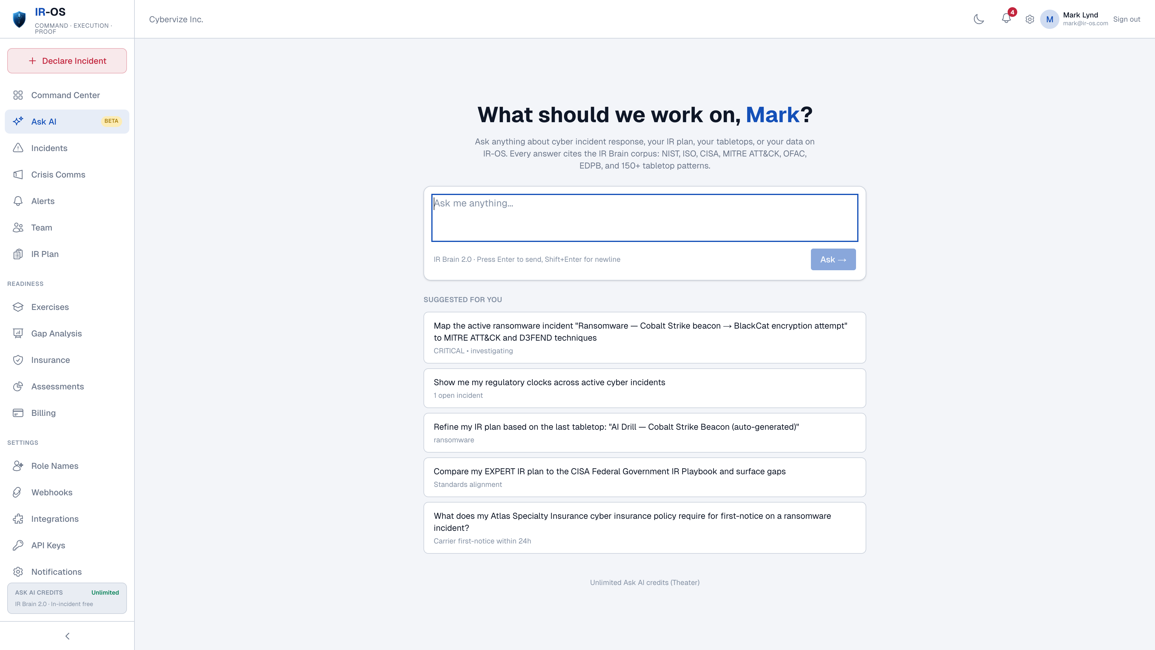 IR-OS Ask AI interface with context-aware suggestions for the active incident, regulatory clocks, IR plan refinement, and cyber insurance first-notice requirements.