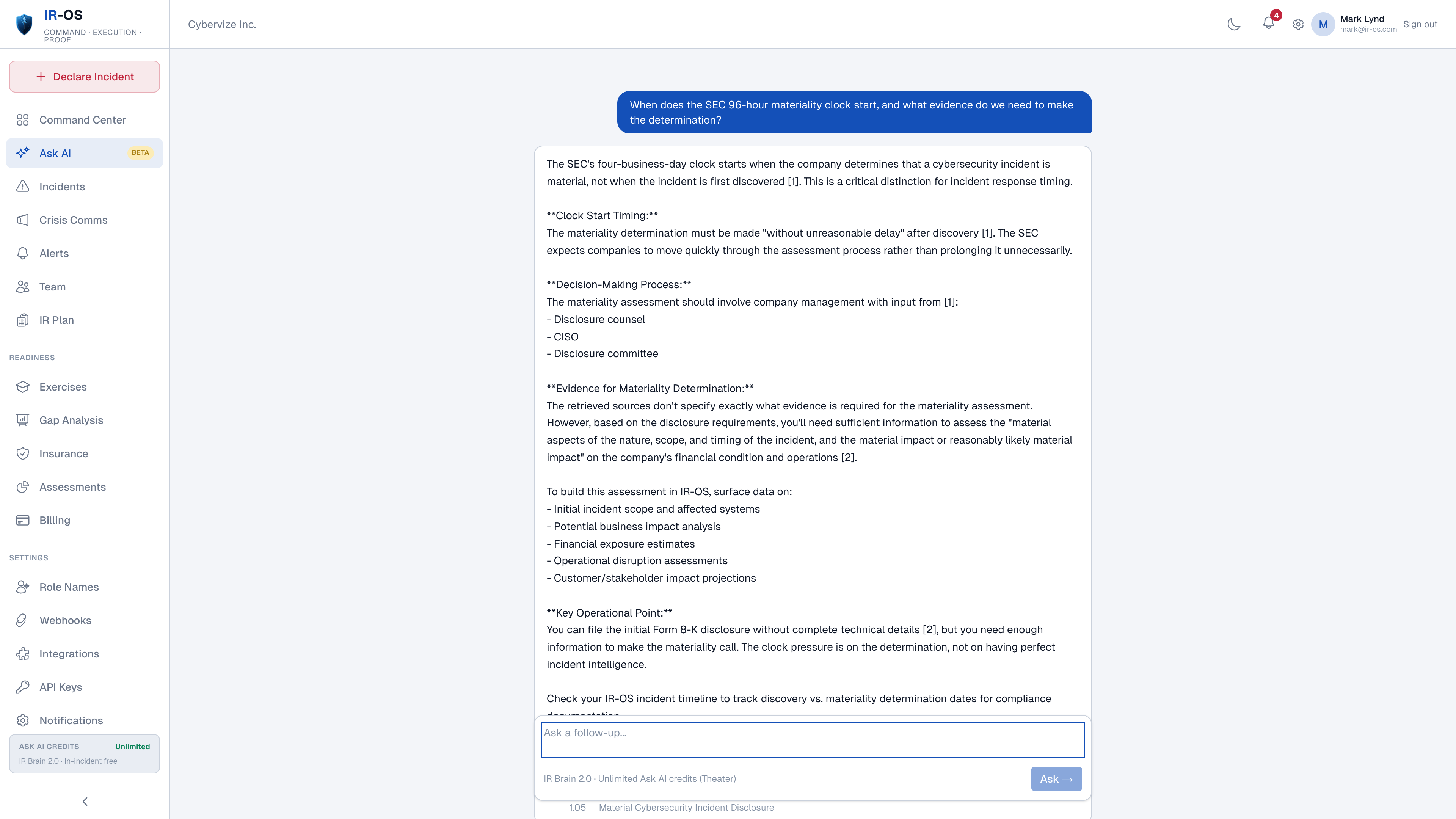 IR-OS Ask AI panel showing a streaming response with bracketed inline citations and a Sources block listing the cited references.