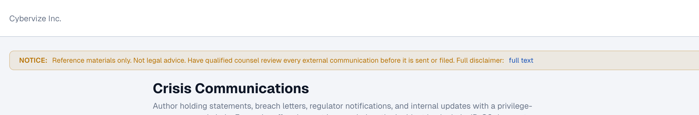 IR-OS Crisis Communications disclaimer modal explicitly stating that the platform does not deliver external communications and that the subscriber sends from their own domain.