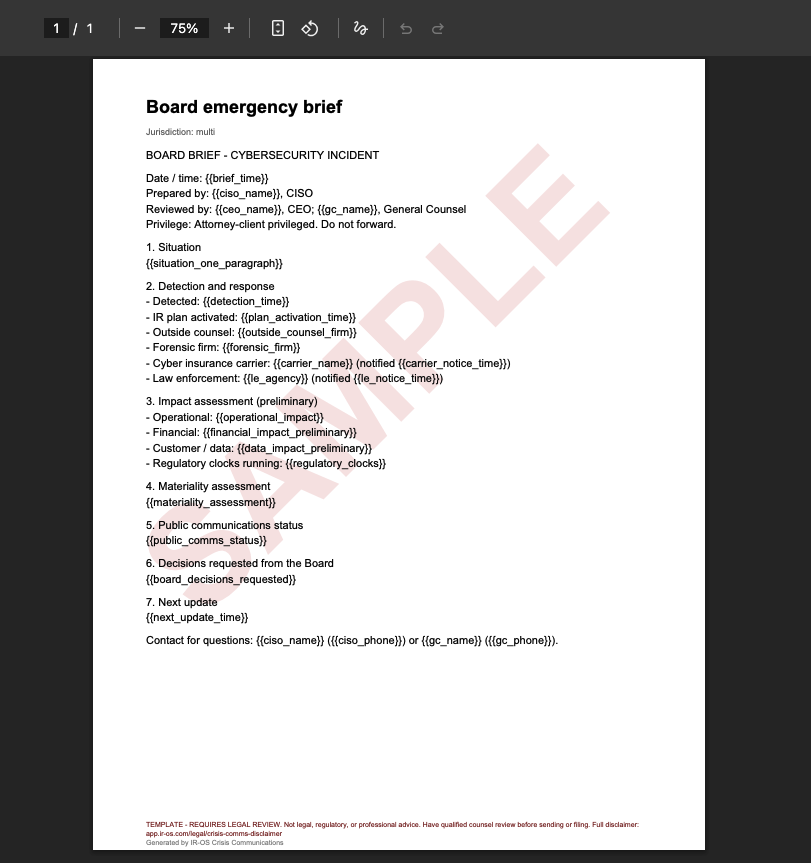 IR-OS Crisis Comms PDF export showing the diagonal SAMPLE watermark and disclaimer footer on every page.