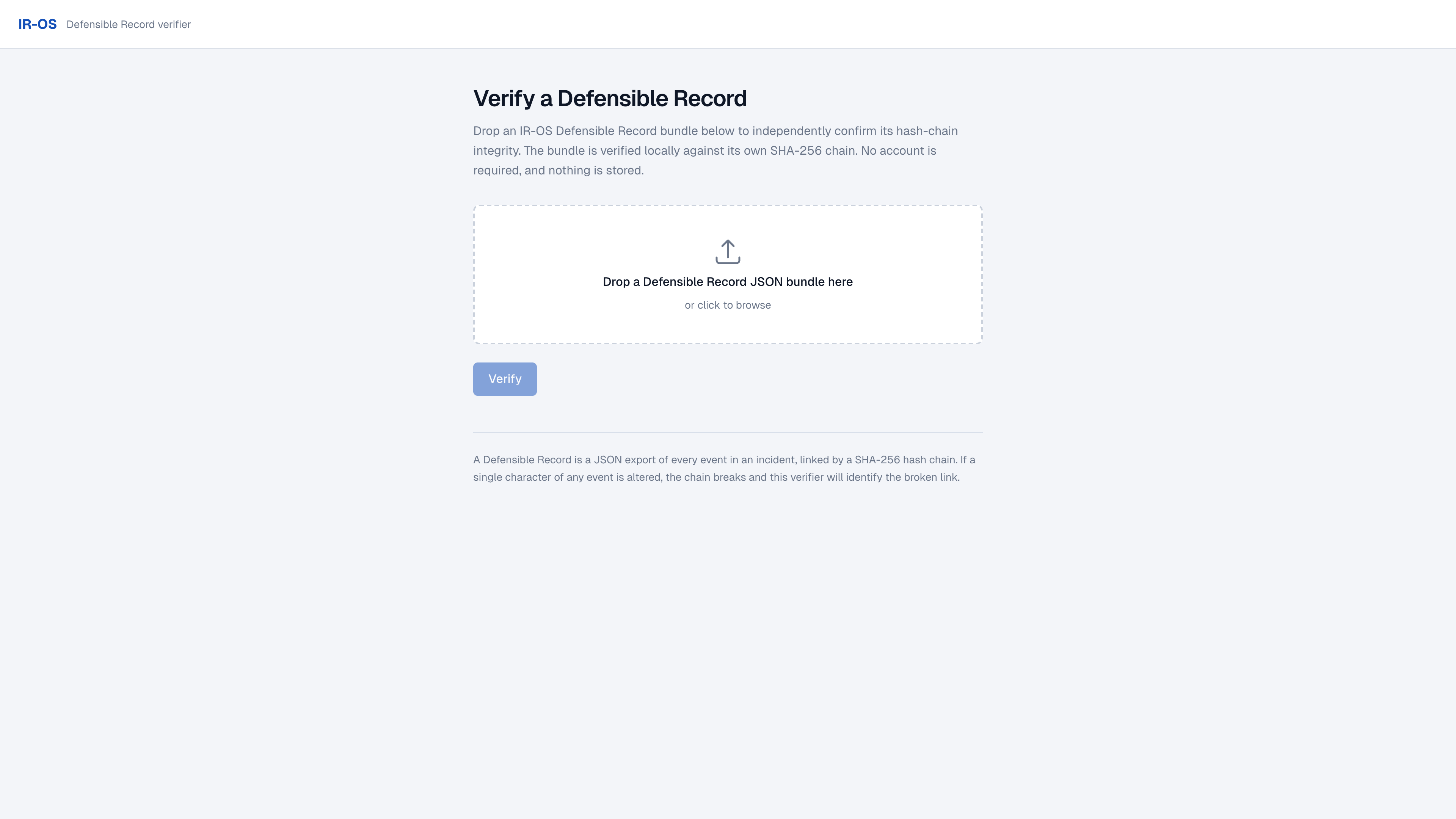 IR-OS public verifier at app.ir-os.com/verify, showing client-side hash chain validation results.
