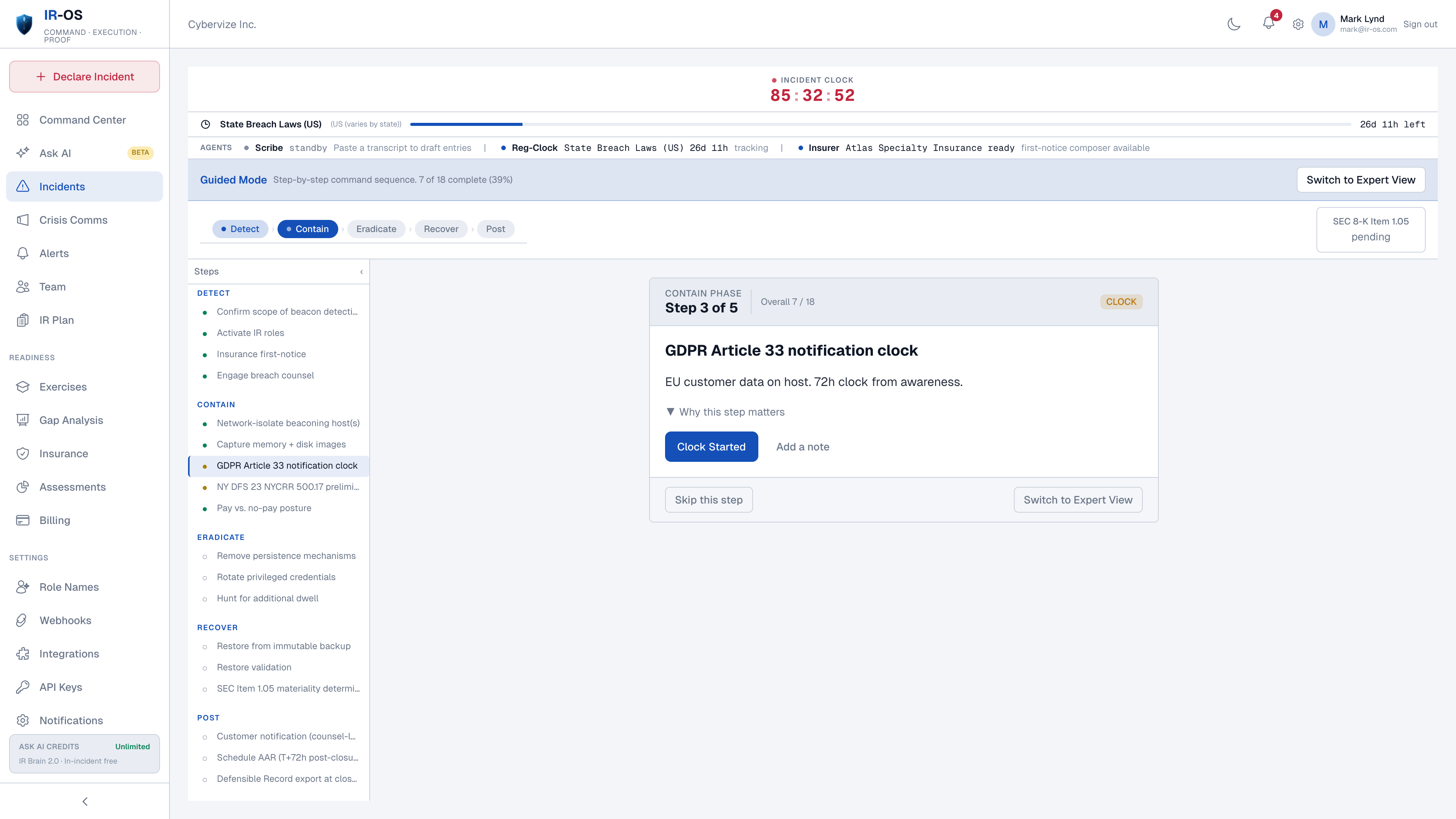 IR-OS ransomware response runbook with conditional branches and active regulatory clocks