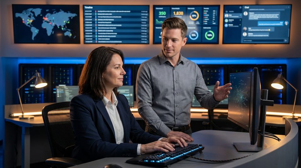 Two cybersecurity analysts working calmly and in sync in a Security Operations Center with overhead incident response dashboards